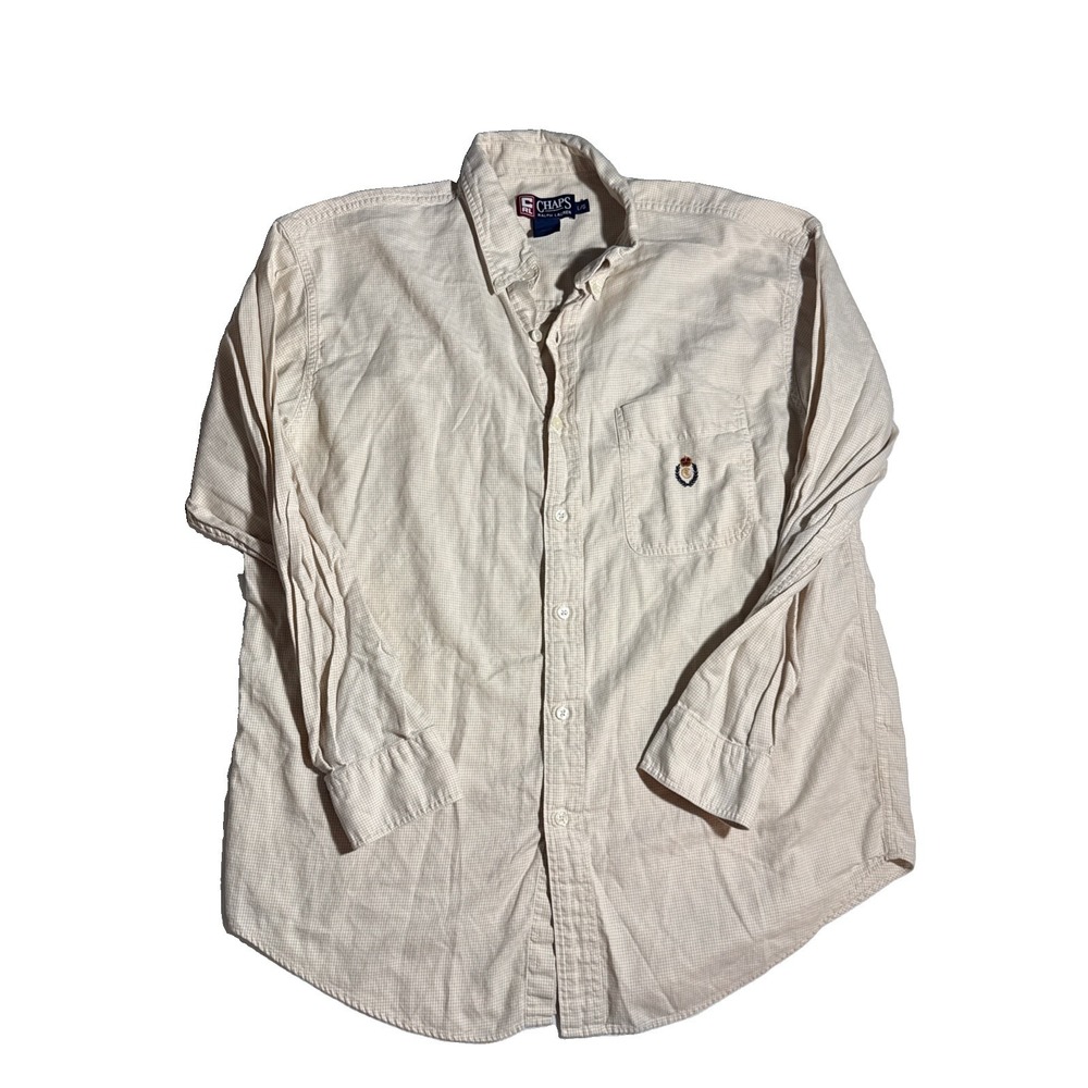 CHAPS RALPH LAUREN Men's Long Sleeve Shirt Button Up Beige Check Cotton Size L